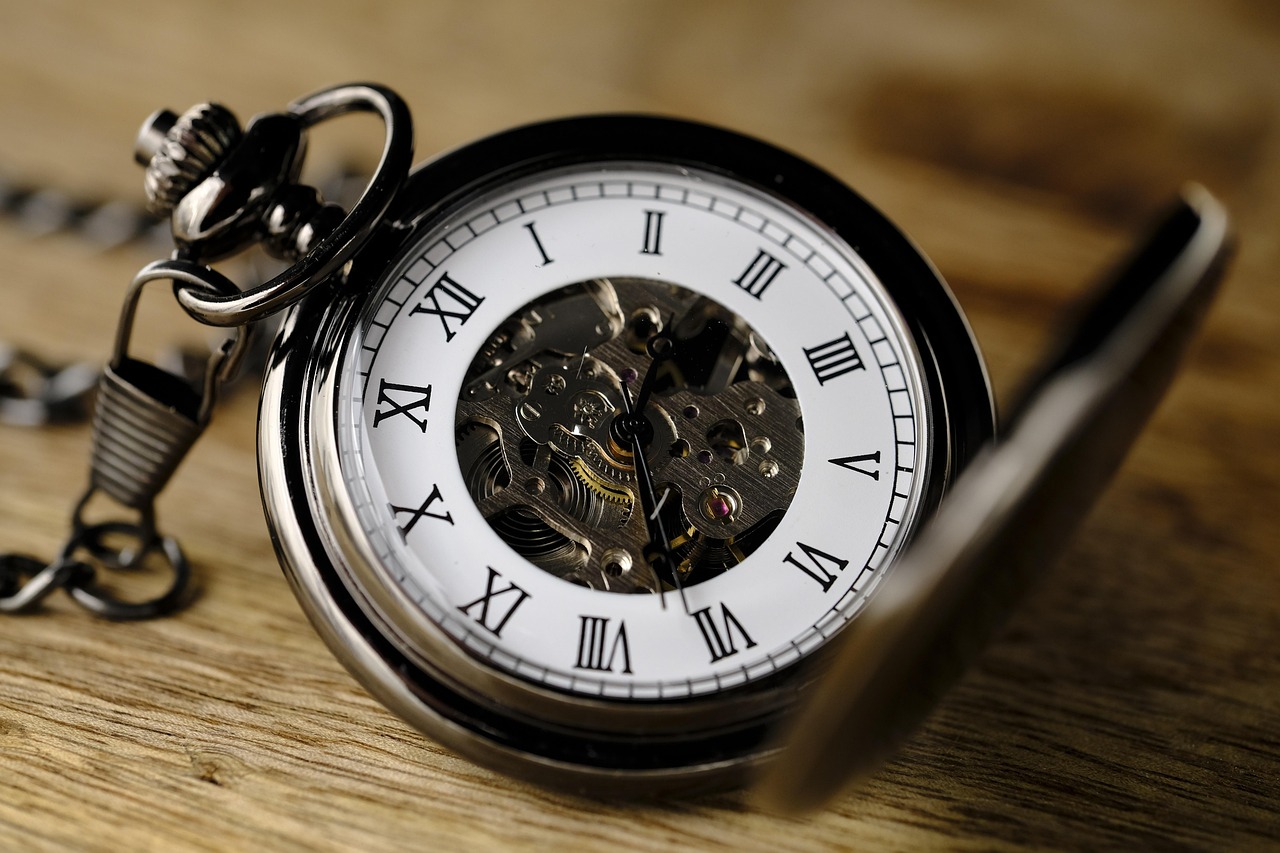 Close-up of an antique pocket watch showing Roman numerals.